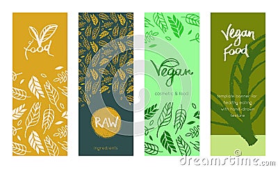 Template vegan banner set. Hand-drawn grain crops pattern, bread grains icons. Vector Illustration